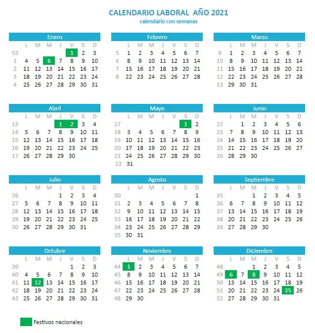 Descarga tu calendario laboral 2021 de Espana con festivos 
